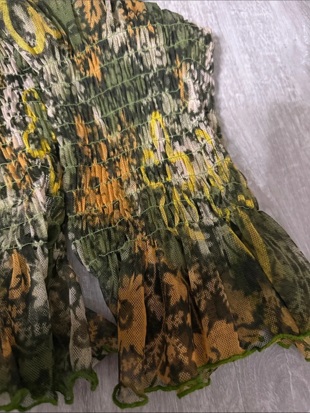 Free People Olive & Mustard Sheer Ruffle-Neck Floral Blouse